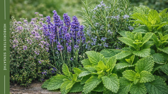 Lamiaceae médicinales avec thym romarin menthe et lavande - Herboristerie Sensathé